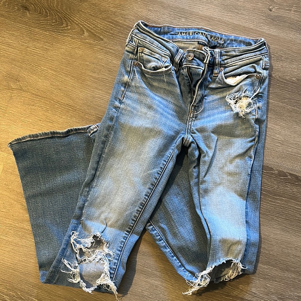 American Eagle Outfitters Blue Flare Distressed Jeans High Rise Skinny Kickers